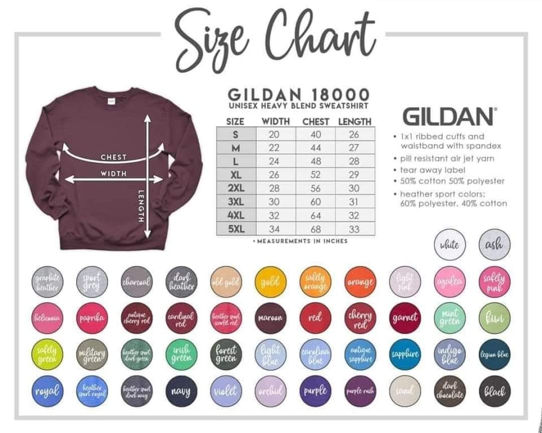 the size chart for the gilan 18000 sweatshirt